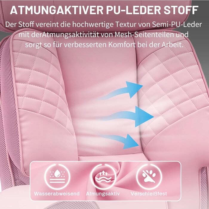 Офісний крісло HOFFREE Ergonomiczne для керівника, 220 кг, з підставкою для ніг, регульованою поперековою підтримкою, регульованою висотою підголівника, PU шкіра, чорне (рожева шкіра)