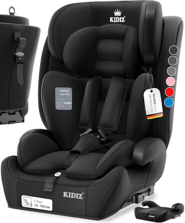 Автокрісло KIDIZ® 1+2+3 для дітей 9-36 кг з 5-точковим ременем безпеки, регульованою підголовником (чорне), Isofix