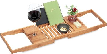 Полиця для ванни Relaxdays, бамбук, розсувна 70-105 см, з підставкою для книги і тримачем для келиха, натуральний/чорний