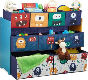 Дитяча полиця Relaxdays з 9 текстильними коробами, монстри, 70x92,5x30 см, іграшковий органайзер для кімнати, синій, бірюзовий, оранжевий