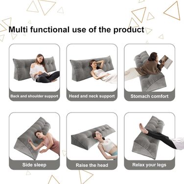 Подушка трикутна для спини OHMG 180x50x20 см, сіра - для ліжка та дивана, з кишенею, знімний чохол