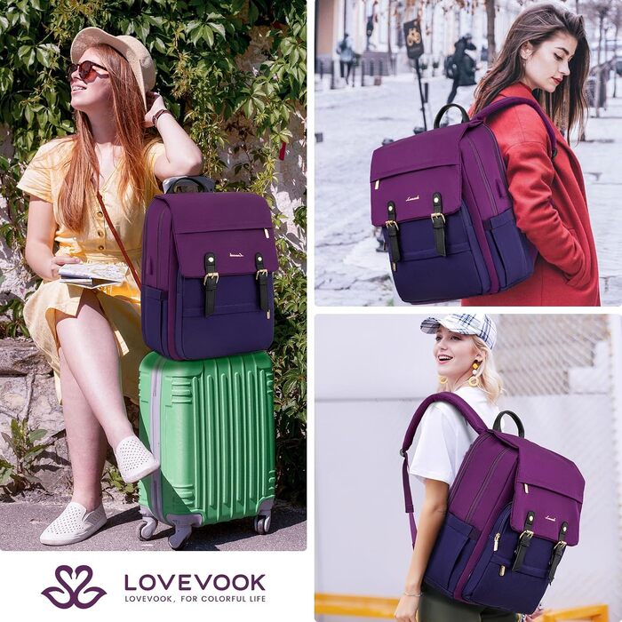 Дитячий шкільний рюкзак LOVEVOOK для дівчат та підлітків, водонепроникний міський рюкзак з відділенням для ноутбука 15.6 дюймів, фіолетово-блакитний