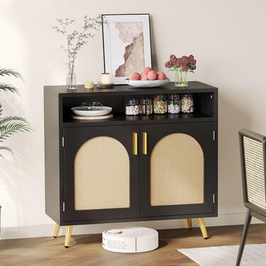 Сервант-комод YITAHOME чорний, кухонна шафа-буфет з ротанговими вставками, 80x35x75 см