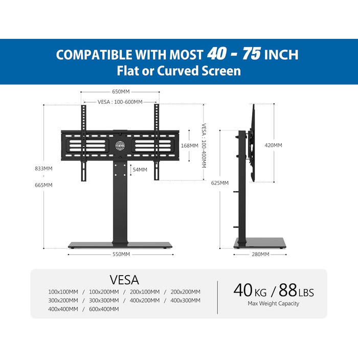 Підставка для телевізора FITUEYES 40-75'' (LCD/LED/OLED/Plasma), до 40 кг, регулювання висоти, VESA 600x400 мм, для плоских і вигнутих екранів