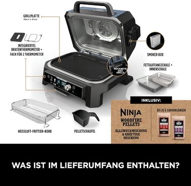 Електричний BBQ смокер-гриль Ninja Woodfire Pro Connect XL з керуванням через додаток, цифровим термощупом, 7-в-1, аерофритюрницею, для вулиці, чорний, OG901EU, з деревними пелетами, захист від негоди