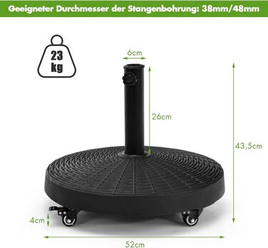 Підставка для парасольки COSTWAY 23 кг на колесах, діаметр 52 см, для труб 38/48 мм, кругла, для саду, балкону