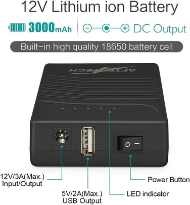 AFTERTECH Mini UPS Powerbank 12V 3000mAh з USB-виходом: резервне живлення для пристроїв