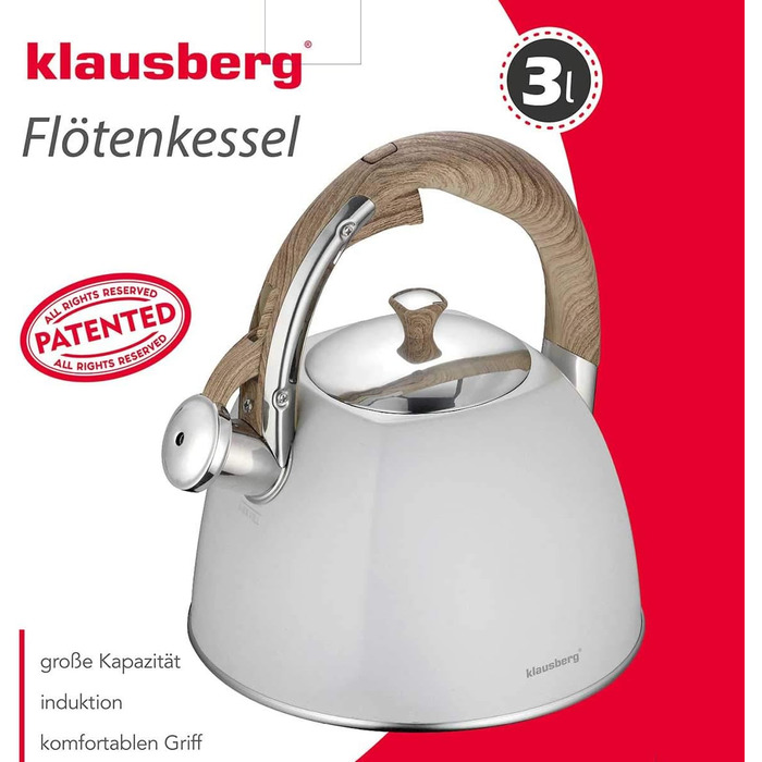 Чайник зі свистком Klausberg KB-7500, 3 л, білий, металевий