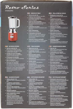Кухонний блендер Westinghouse Retro, 1.5 л, скляна чаша, 600 Вт, 3 швидкості, імпульсний режим, 6-лезове ножі, нержавіюча сталь, BPA free, червоний