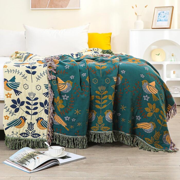 Багатофункціональна плед-ковдра HOORDRY Boho з натуральної бавовни, 200×230 см, Блакитно-зелений принт з пташками та квітами