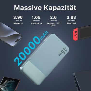 Power Bank Nobis 20000mAh, 45W з кабелем USB-C, Digital Display, для Android, Laptop, Phone (Блакитний)
