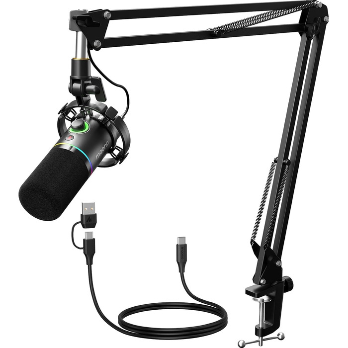 MAONO PD200XS Динамічний XLR/USB мікрофон з RGB підсвіткою, комплект із тримачем, програмним забезпеченням, кнопкою вимкнення звуку та регулятором гучності для подкастів, стрімінгу, запису, геймінгу, ПК, Mac, PS4/5, мікшер, чорний