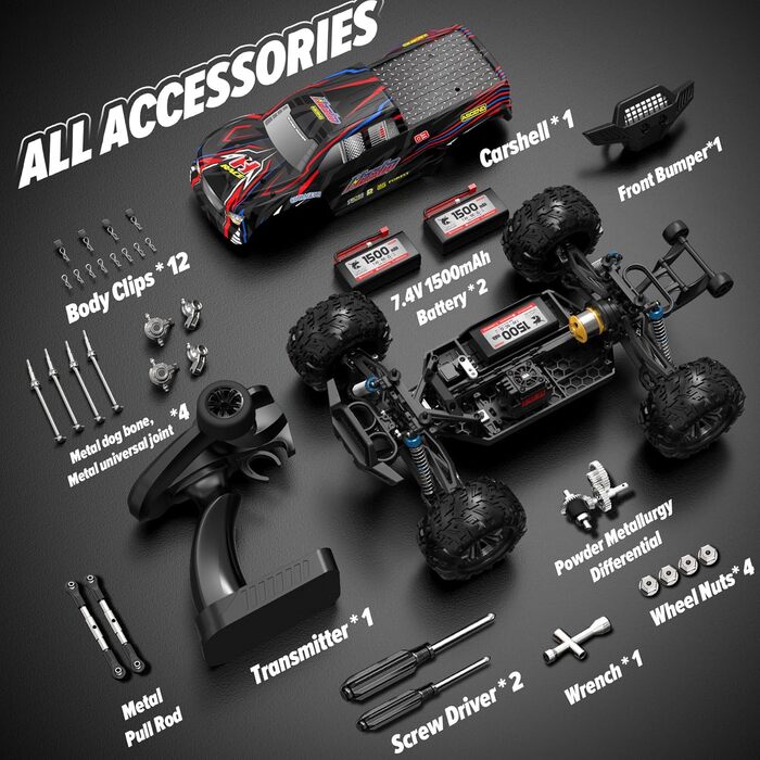 Радіокерований автомобіль Hosim 1:10, 60 км/год, 4WD позашляховик Monstertruck, 2 акумулятори, водонепроникний, для дорослих та дітей від 8 років, чорний
