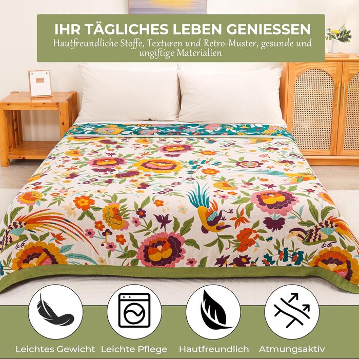Плед Boho з 100% бавовни, стиль кантрі, 150x200 см, гранатовий колір. Плед на диван та ліжко з квітковим візерунком (квіти, птахи)