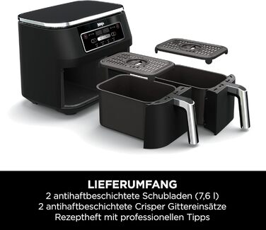 Аерофритюрниця Ninja Foodi Dual Zone AF200EU з двома чашами, 7.6 л, 4-в-1: без олії, Max Crisp, запікання, розігрів, антипригарне покриття, чорна
