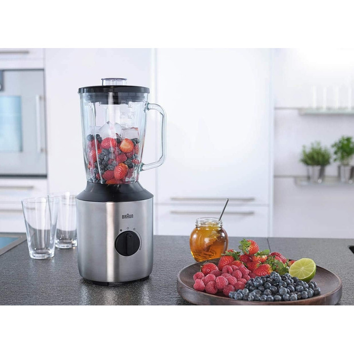 Блендер Braun PowerBlend 3 JB 3272, 1,5 л, скляна чаша, 800 Вт, нерж. сталь/чорний, з 2 пляшками Smoothie2Go, кухонний міксер для подрібнення, пюрування та змішування