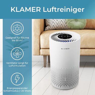Повітряочисник KLAMER 300i з HEPA-фільтром: для кімнат до 50 м², видаляє 99,9% пилу, алергенів та вірусів