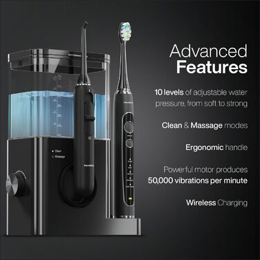 Aquasonic Home Dental Center PRO: електрична зубна щітка та іригатор для догляду за порожниною рота. Здорова посмішка та білі зуби. ADA-сертифіковано, чорний колір