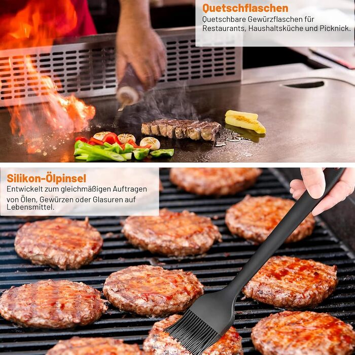 Набір аксесуарів для гриля та планчі Grilljoy з нержавіючої сталі, 28 предметів, для бургерів та барбекю (Помаранчевий)