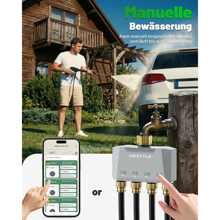 Розумний таймер для поливу GardenLife з Wi-Fi, 4 канали, керування через додаток та голосові команди, 5 програм поливу для газону та саду