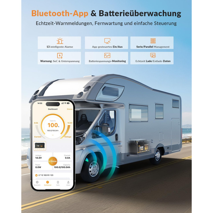 LiFePO4 акумулятор 12V 100Ah H190 з Bluetooth 5.4 для кемперів та житлових будинків на колесах, сертифікація ECE R10