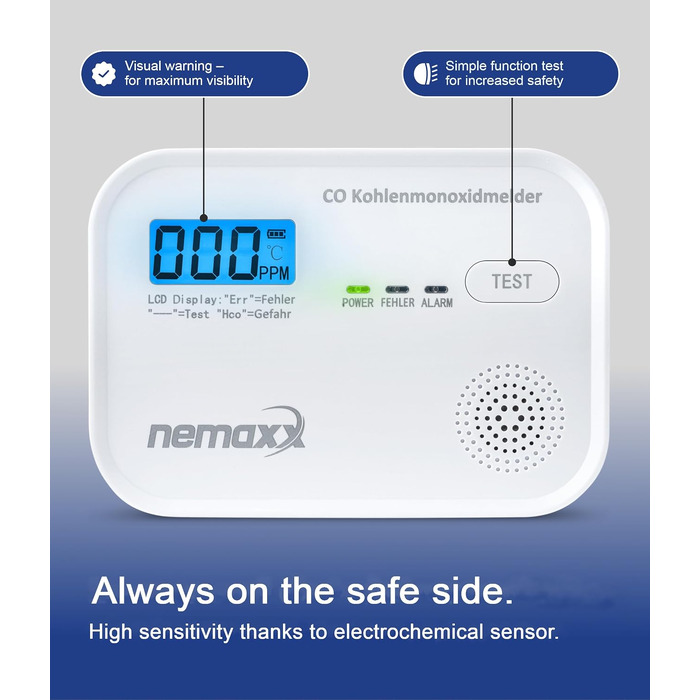 Детектор чадного газу NEMAXX® CM18 з LCD-дисплеєм, електрохімічний сенсор, 85 дБ, стандарт EN 50291-1:2018, термін служби 10 років