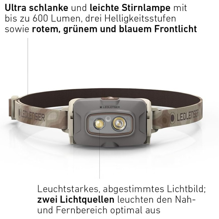 Налобний ліхтар Ledlenser HF4R Signature, акумуляторний, 600 люмен, RGB, IP68, пісочний колір, для активного відпочинку