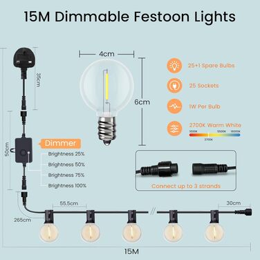 Гірлянда світлодіодна LED 15м для вулиці, водонепроникна IP65, теплий білий 2700K, 16 ламп, пластик, для саду, тераси, весіль (з димером)