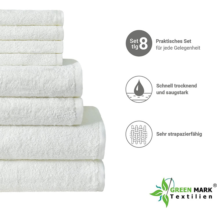 Набір рушників NatureMark з махрової тканини, 8 шт: 4 гостьових, 2 для рук, 2 для душу, білий, 100% бавовна