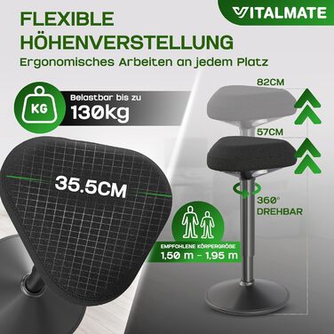 Офісний стілець VITALMATE з регулюванням висоти та неслизьким покриттям - стілець-покрутка для офісу та дому - регульований стійкий стілець для роботи - стійка для стоячи - чорний офісний стілець