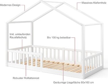 Дитяче ліжко-домік Bellabino Bia 80x160 см, біле, з бортиком і основою, Montessori підлогове ліжко з масиву сосни