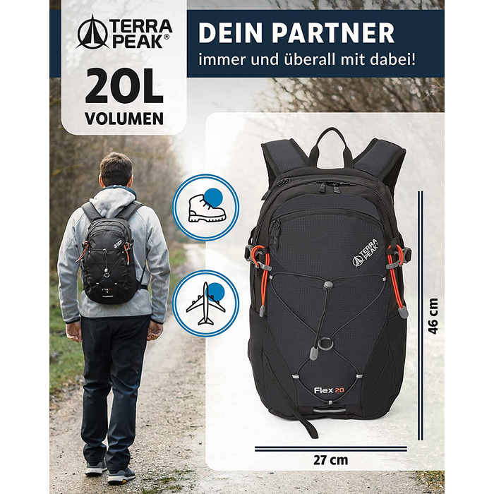 Туристичний рюкзак Terra Peak Flex 20L, чорний, з вентиляцією спини, питною системою та дощовиком, поліестер 3D Air Mesh, для походів та міста
