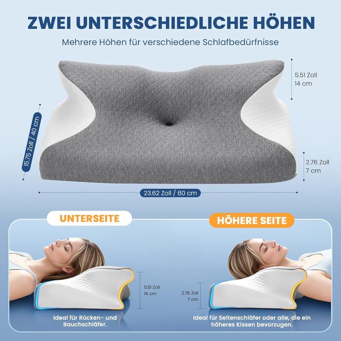 Ортопедична подушка A-Pce з піни Memory Foam для шиї та спини, сіро-біла. Для сну на боці, спині та животі. Зменшує біль у шиї, плечах та спині.