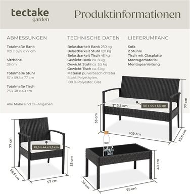 Садові меблі з поліратану tectake®, комплект: 2 крісла, лавка, стіл, чорний, вуличний набір для саду, тераси та балкона, стійкі до погодних умов