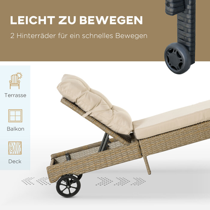 Шезлонг Outsunny Poly Rattan Садовий шезлонг регульований з подушкою в натуральному хакі 200x66x92см для саду та патіо