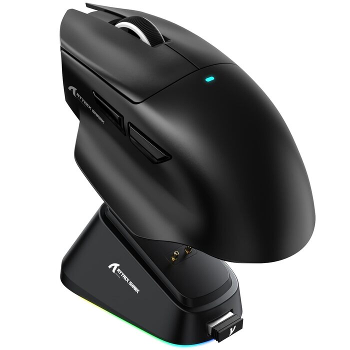 Ігрова миша Attack Shark V6 Superlight 65г з магнітною док-станцією, сенсор PixArt PAW3311, 25000 DPI, 500 mAh, три режими підключення (BT/Wireless/Wired), ергономічний дизайн, чорна