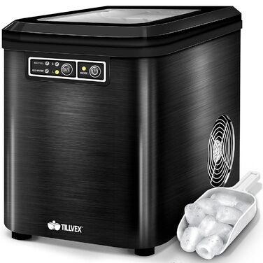 Льодогенератор tillvex з нержавіючої сталі, 12 кг/24 год, 2,2 л резервуар, LED-дисплей, функція самоочищення, 2 розміри кубиків льоду, чорний