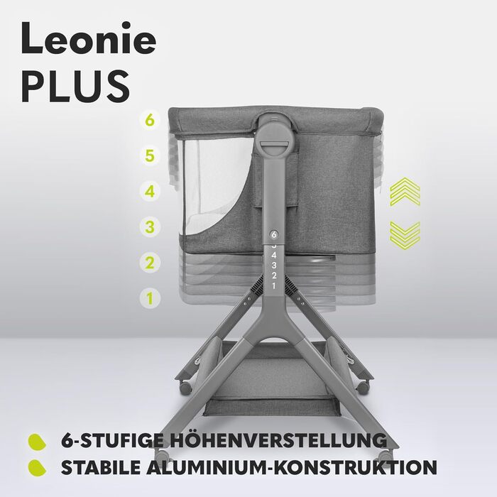Дитяче ліжко Lionelo Leonie Plus 3 в 1 (ліжко, приліжкова колиска, гойдалка) сірого кольору, до 9 кг, з регулюванням висоти, повітряні стінки, знімною бічною панеллю, коліщатка з гальмом, великий кошик