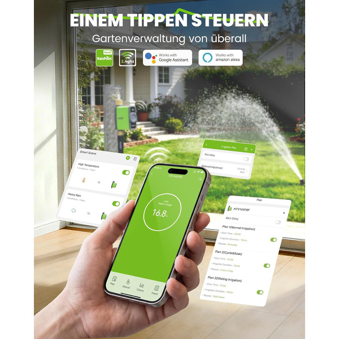 Таймер для поливу RainPoint WiFi з латунними фітингами, розумне керування, APP, голосове управління, автоматичний полив саду та газону, 6 програм, 1 зона