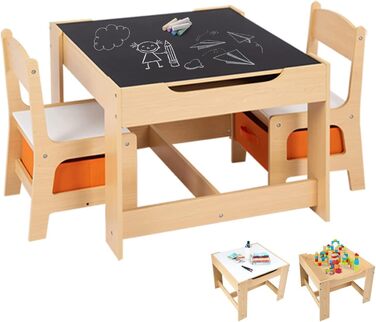 Детский набор мебели COSTWAY: стол и 2 стульчика из дерева (3 в 1) для детей 3-7 лет
