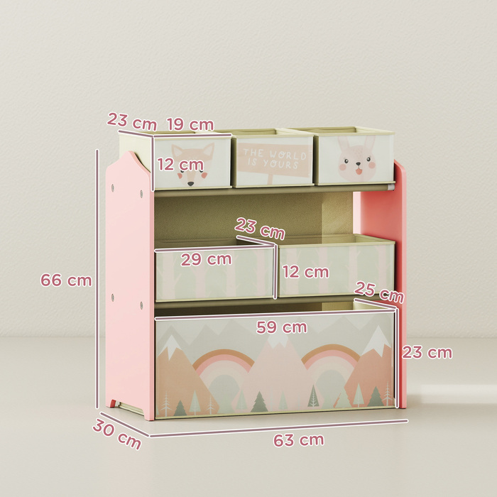 Дитячий шафчик з 6 текстильними кошиками, милий малюнок, 63x30x66 см, Рожевий