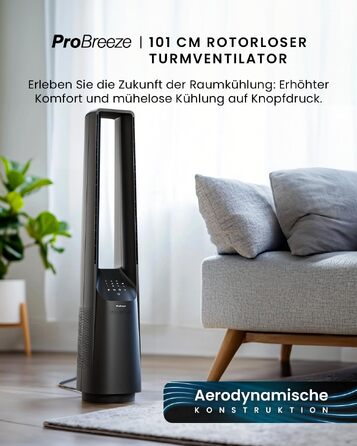 Pro Breeze Вентилятор без лопатей 101 см з LED дисплеєм та пультом - 6 швидкостей, 5 режимів, авто-коливання 60°, таймер 7 годин, чорний