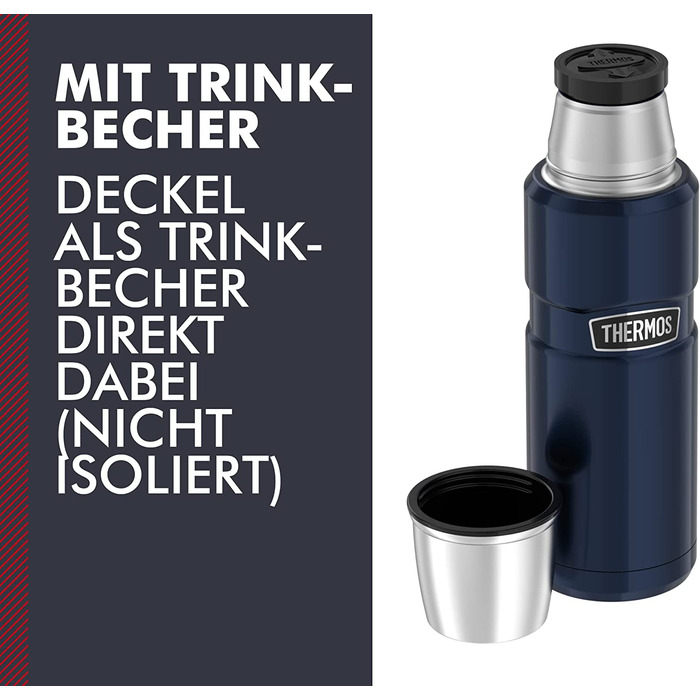 Термос із нержавіючої сталі 470 мл Thermos, синій, із чашкою, зберігає тепло 12 год, холод 24 год, герметичний, BPA-free, для напоїв, без ручки, можна мити в посудомийці