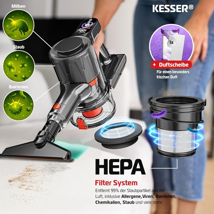 Бездротовий акумуляторний пилосос KESSER® з LED дисплеєм та аромакапсулою | Бездротовий пилосос без мішка з антизаплутаною насадкою, HEPA-фільтром, час роботи до 60 хвилин, для твердих поверхонь та килимів, чорний/червоний