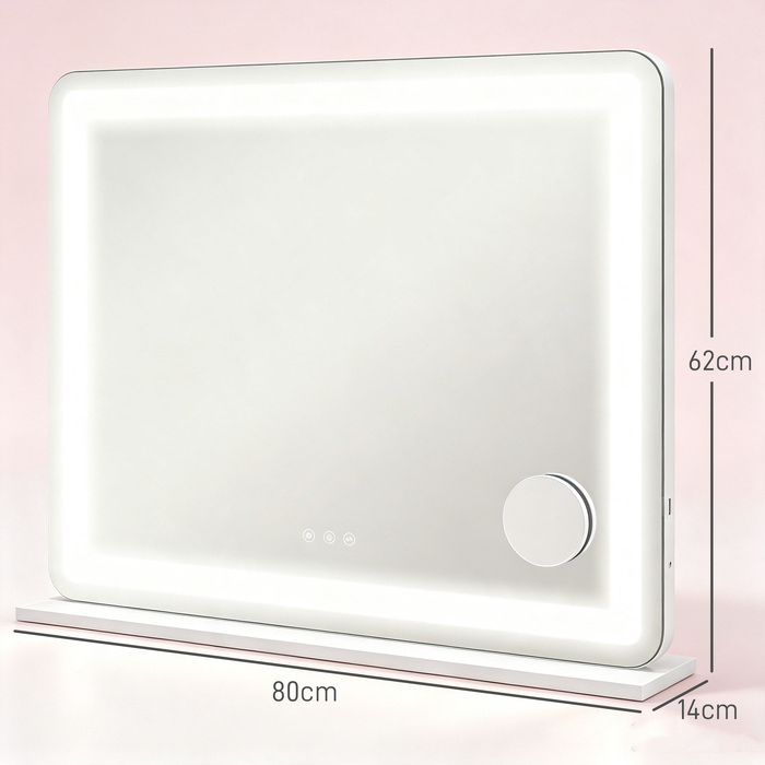 Дзеркало для макіяжу з LED-підсвіткою 80x60 см, косметичне дзеркало з 3 режимами світла, USB-зарядкою та 10-кратним збільшенням