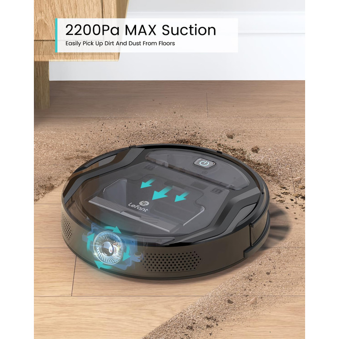 Робот-пилосос LEFANT M210P: потужність 2200 Па, тиха робота 55 дБ, Wi-Fi, Bluetooth, Alexa, керування через додаток, час роботи 120 хвилин, для шерсті тварин та твердих поверхонь
