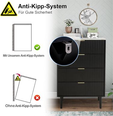 Комод UEV з 4 шухлядами, 60x34x94 см, вузький комод з мармуровою стільницею, шафа для зберігання у вітальню, спальню, коридор, чорний