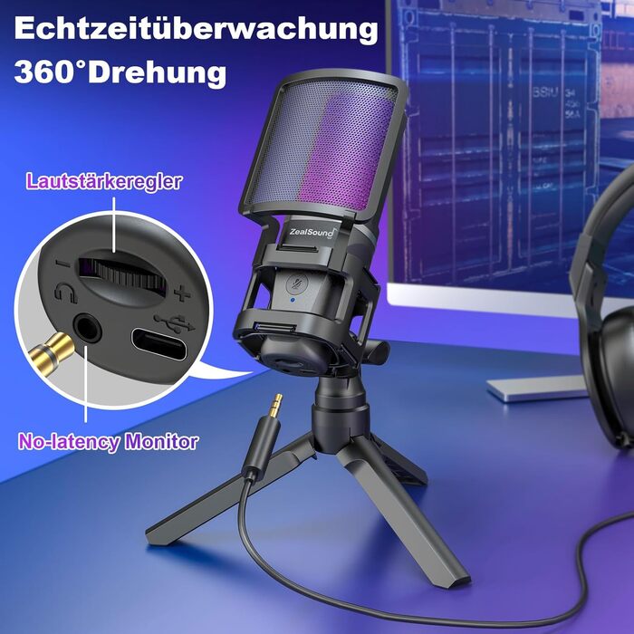 Ігровий USB-мікрофон Zealsound для ПК, стрімінгу, подкастів, студії, з адаптером Type-C, RGB-підсвіткою, кнопкою вимкнення звуку, штативом, поп-фільтром, антивібраційним кріпленням і виходом для навушників, сумісний з PS4, PS5, Mac, смартфонами