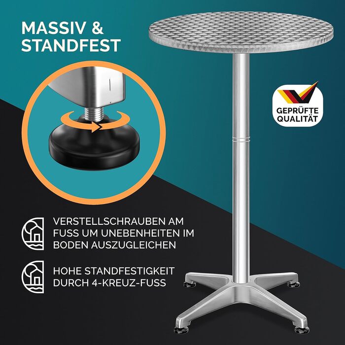 Столик Casaria® 2in1: регульована висота, складний, Ø 60 см, алюміній, для вулиці та дому