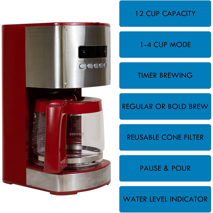 Кавоварка Kenmore на 12 чашок, 1,8 л, програмована, з таймером, швидким заварюванням, багаторазовим фільтром, скляною колбою, цифровим дисплеєм, вугільним водяним фільтром, червона